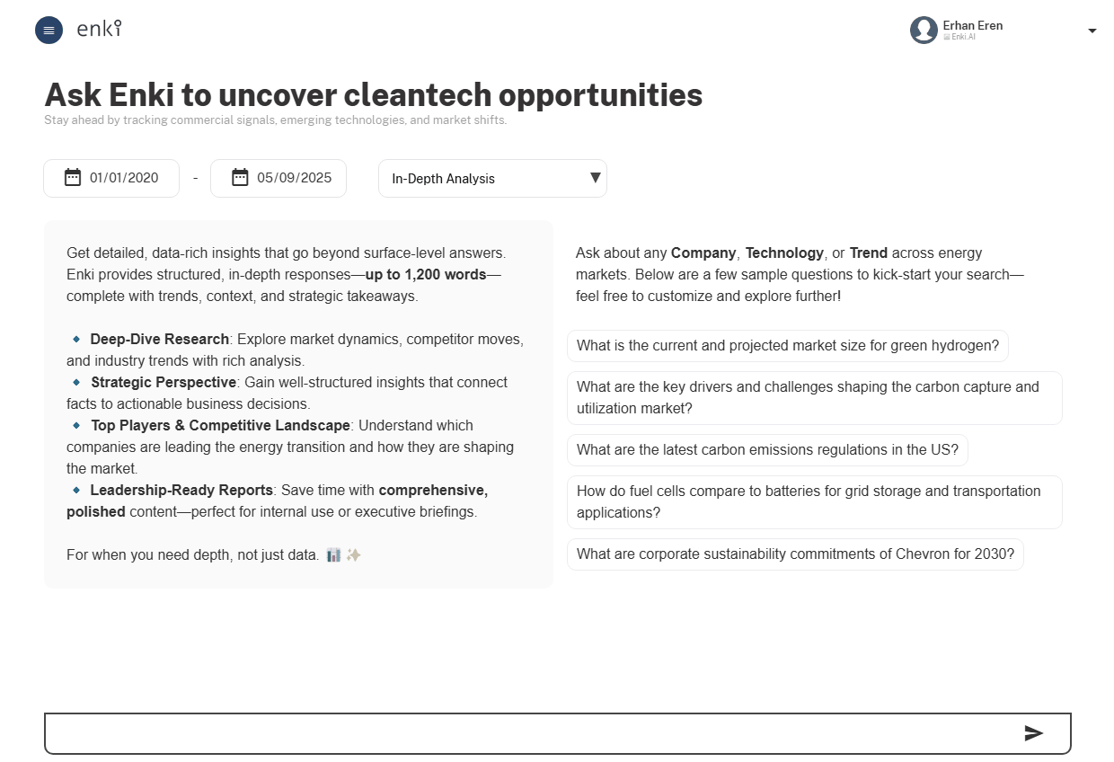 Enki interface showing major clean tech deployments from 2020–2025, including Bloom Energy and FuelCell Energy projects with capacity, application, and source links.