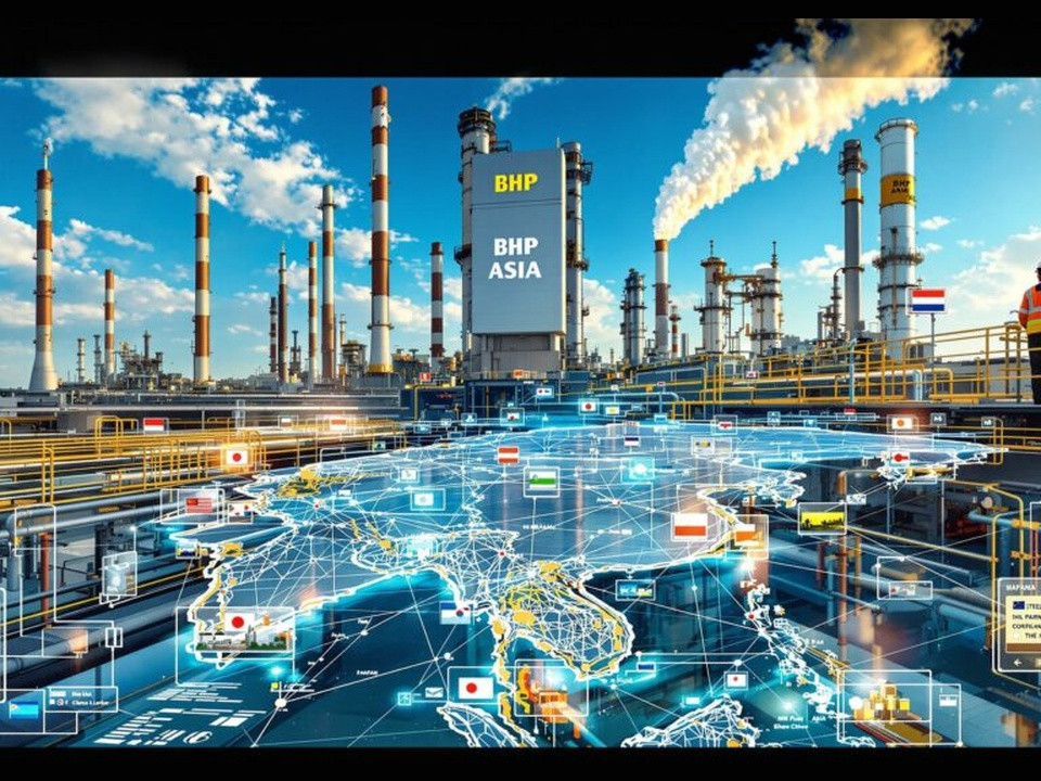 Oil refinery with tall smokestacks and a glowing global data network projected over the ground, illustrating a global energy system.