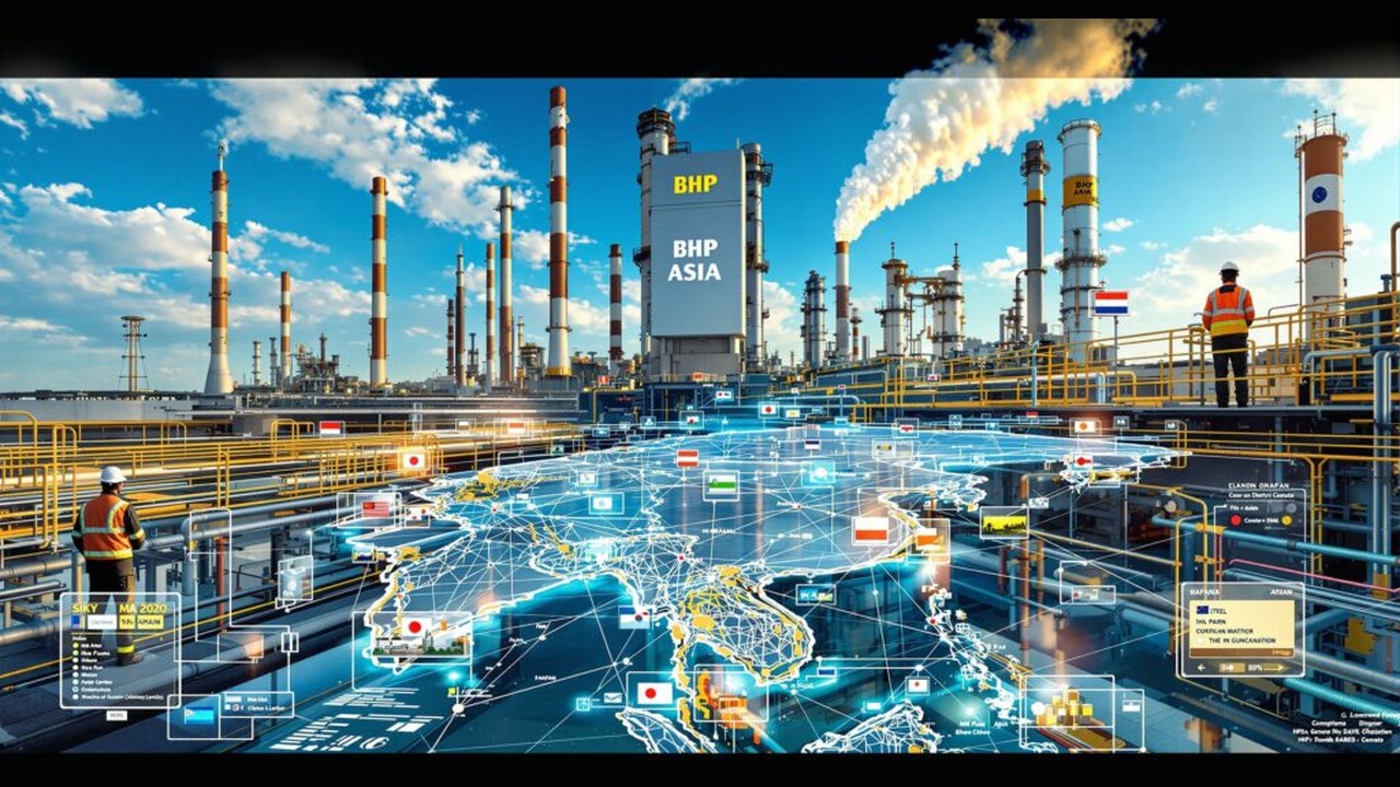 Oil refinery with tall smokestacks and a glowing global data network projected over the ground, illustrating a global energy system.