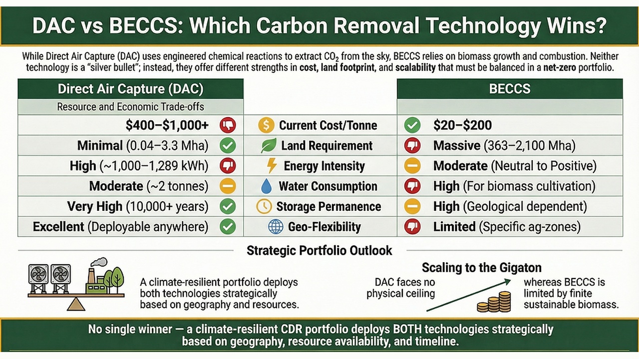 DAC vs BECCS comparison infographic: costs, land, energy, water, storage, and scalability; notes on portfolio strategy and scaling.
