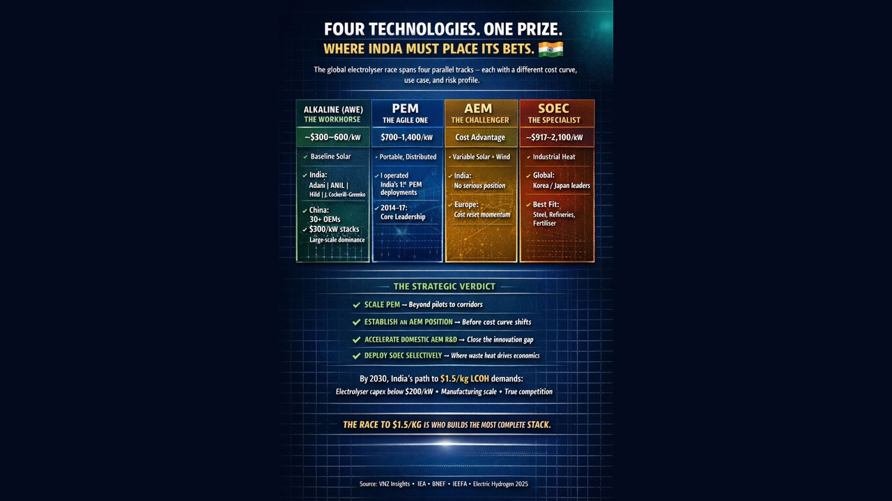 Infographic comparing four electrolyzer technologies: Alkaline, PEM, AEM, and SOEC, with cost ranges and strategic verdicts (India flag shown).