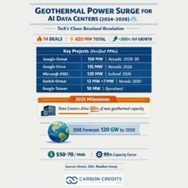 Infographic title: Geothermal Power Surge for AI Data Centers (2024–2026); highlights include deals, total MW, and growth projections.