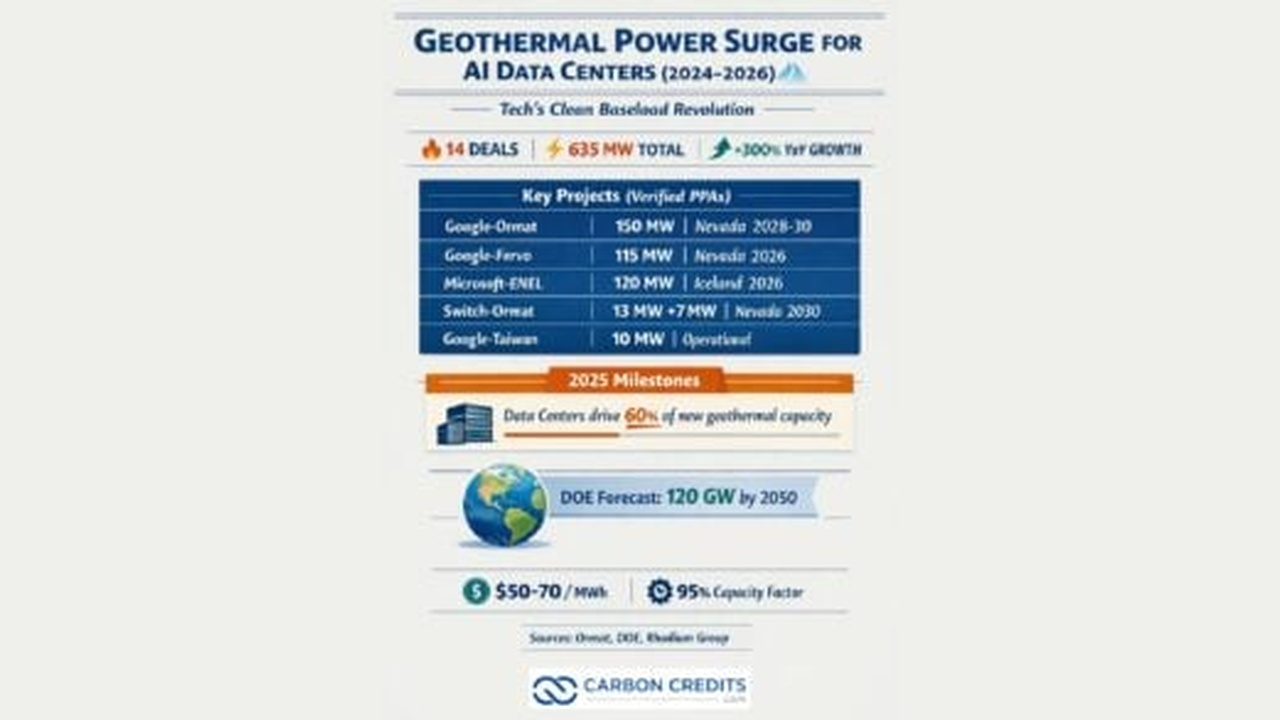 Infographic title: Geothermal Power Surge for AI Data Centers (2024–2026); highlights include deals, total MW, and growth projections.