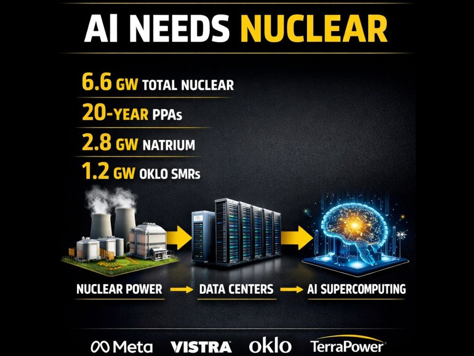 Infographic titled 'AI NEEDS NUCLEAR' showing: 6.6 GW total nuclear, 20-year PPAs, 2.8 GW natrium, 1.2 GW OKLO SMRs, with nuclear power → data centers → AI supercomputing visual and logos at bottom (Meta, VISTRA, oklo, TerraPower).