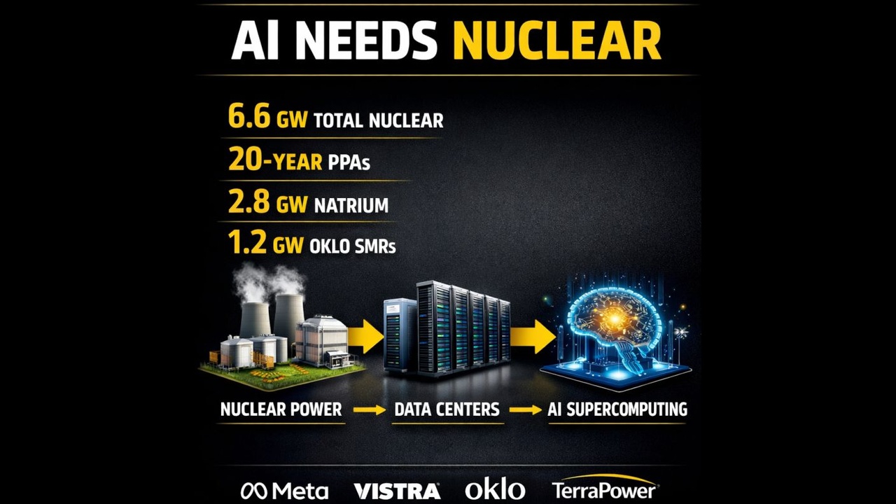 Infographic titled 'AI NEEDS NUCLEAR' showing: 6.6 GW total nuclear, 20-year PPAs, 2.8 GW natrium, 1.2 GW OKLO SMRs, with nuclear power → data centers → AI supercomputing visual and logos at bottom (Meta, VISTRA, oklo, TerraPower).