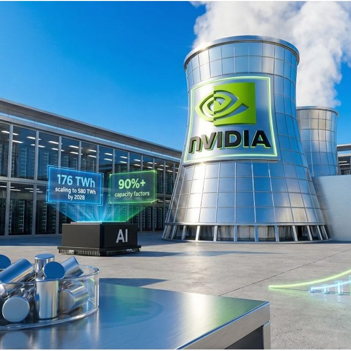 NVIDIA data-center campus with a tall curved building displaying the NVIDIA logo, blue and green growth charts nearby, and partner logos on the left (Microsoft, Amazon, Meta, Google).