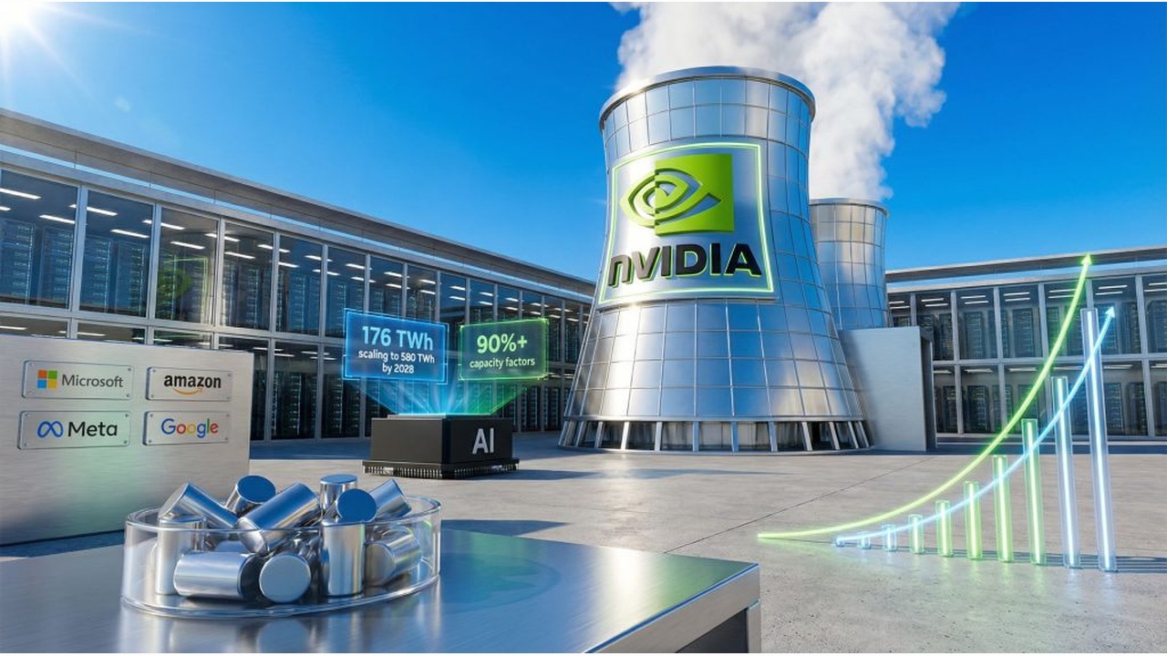 NVIDIA data-center campus with a tall curved building displaying the NVIDIA logo, blue and green growth charts nearby, and partner logos on the left (Microsoft, Amazon, Meta, Google).