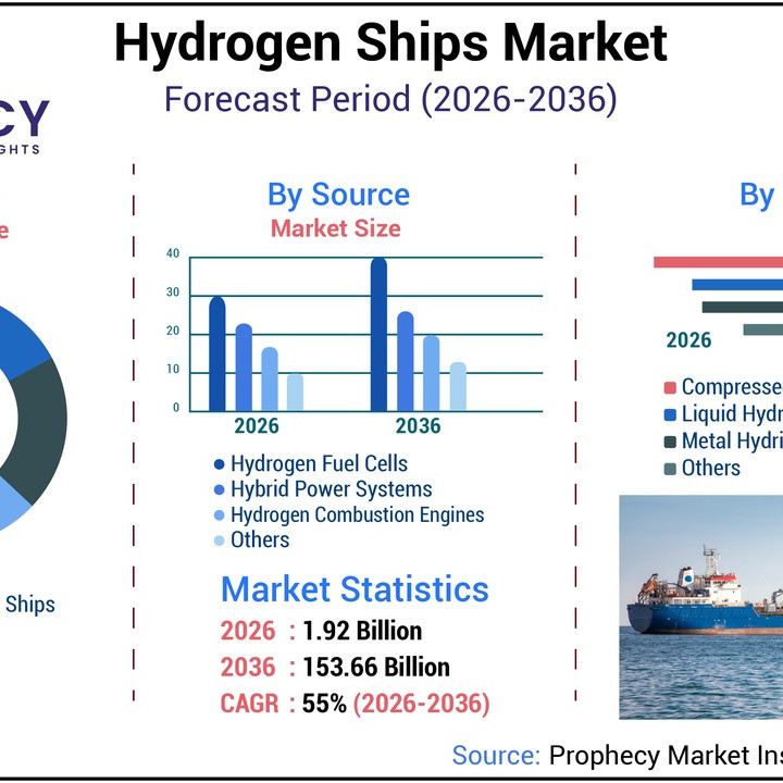 Infographic titled Hydrogen Ships Market Forecast (2026-2036) showing market share by ship type, market size by source, and storage trends, with a cargo ship photo.
