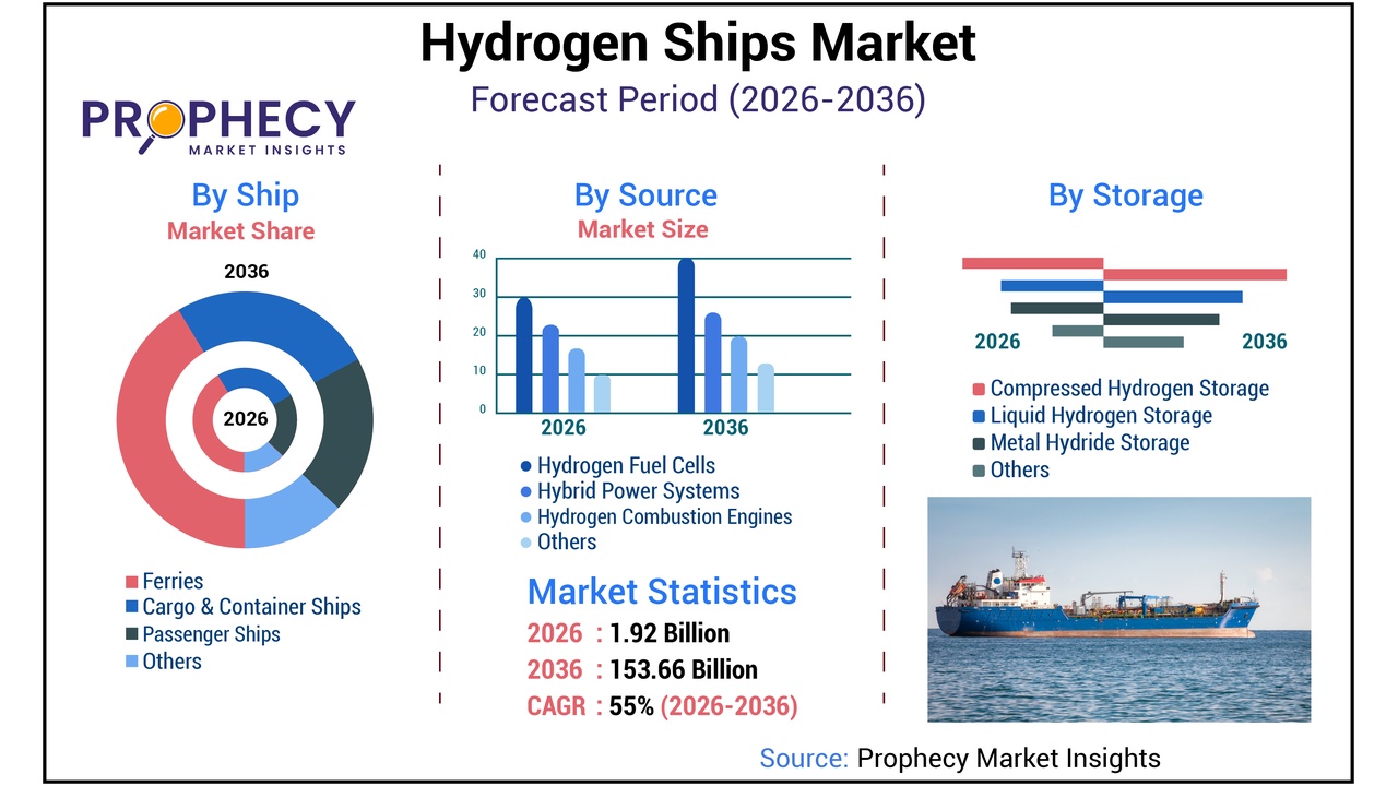 Infographic titled Hydrogen Ships Market Forecast (2026-2036) showing market share by ship type, market size by source, and storage trends, with a cargo ship photo.