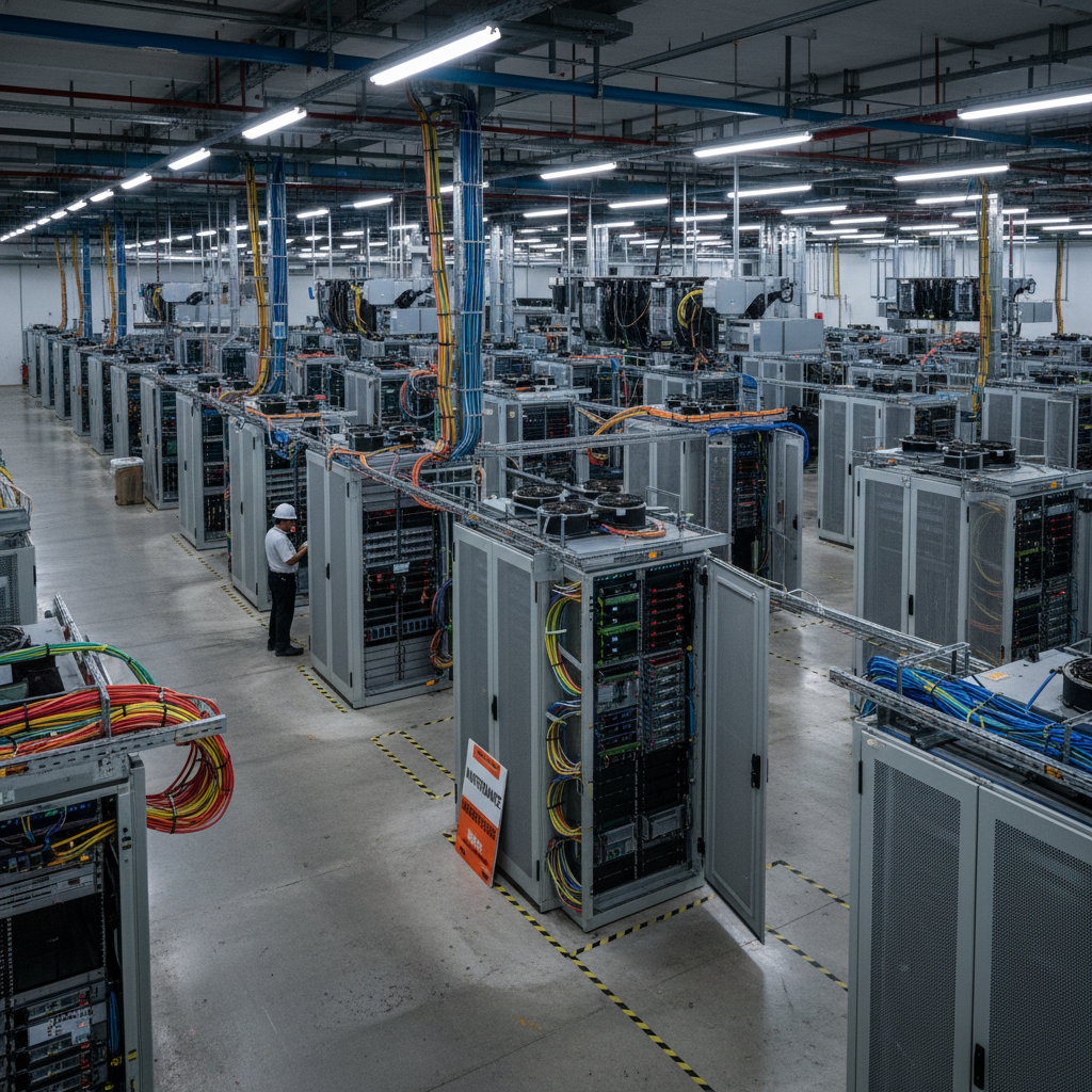 Data center with rows of server racks and overhead cables; a technician in a hard hat inspects a cabinet.