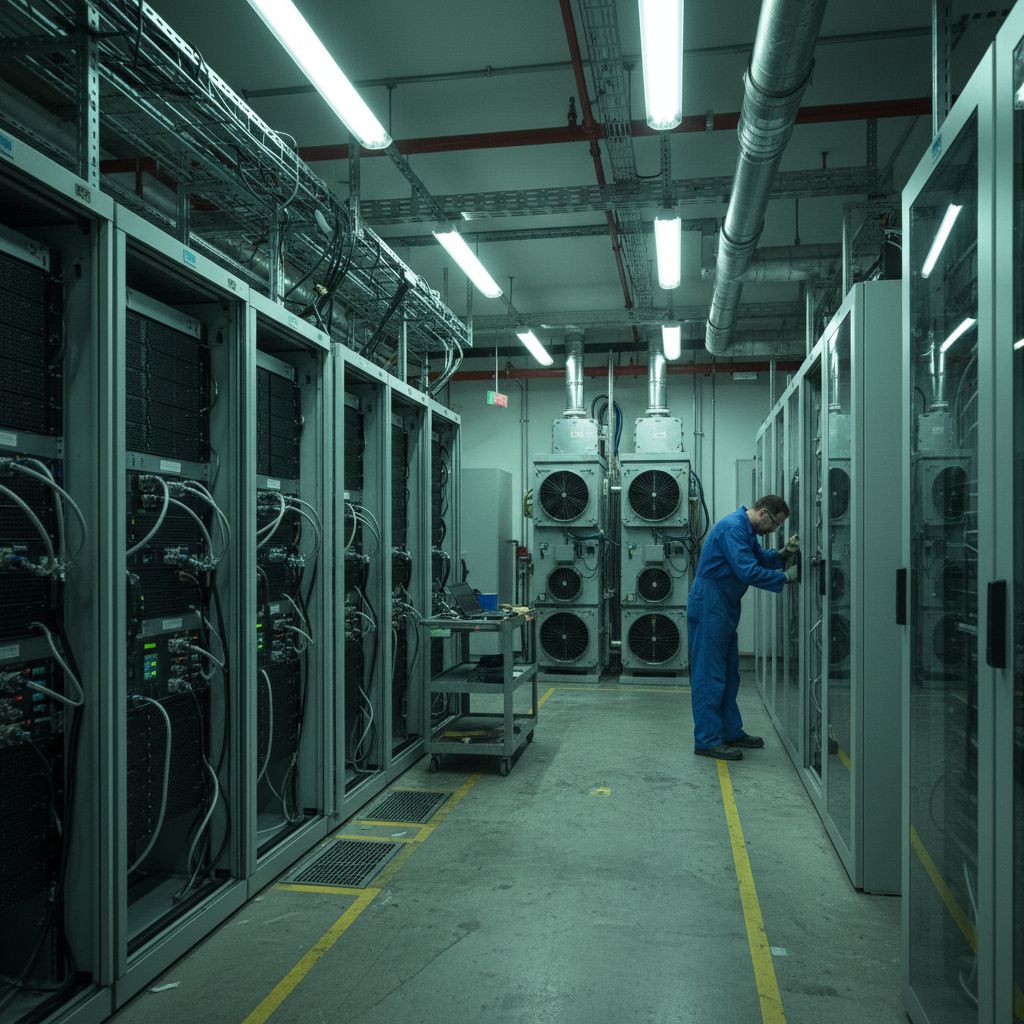 Technician in blue coveralls working at a server rack in a data center with cooling units in the background.