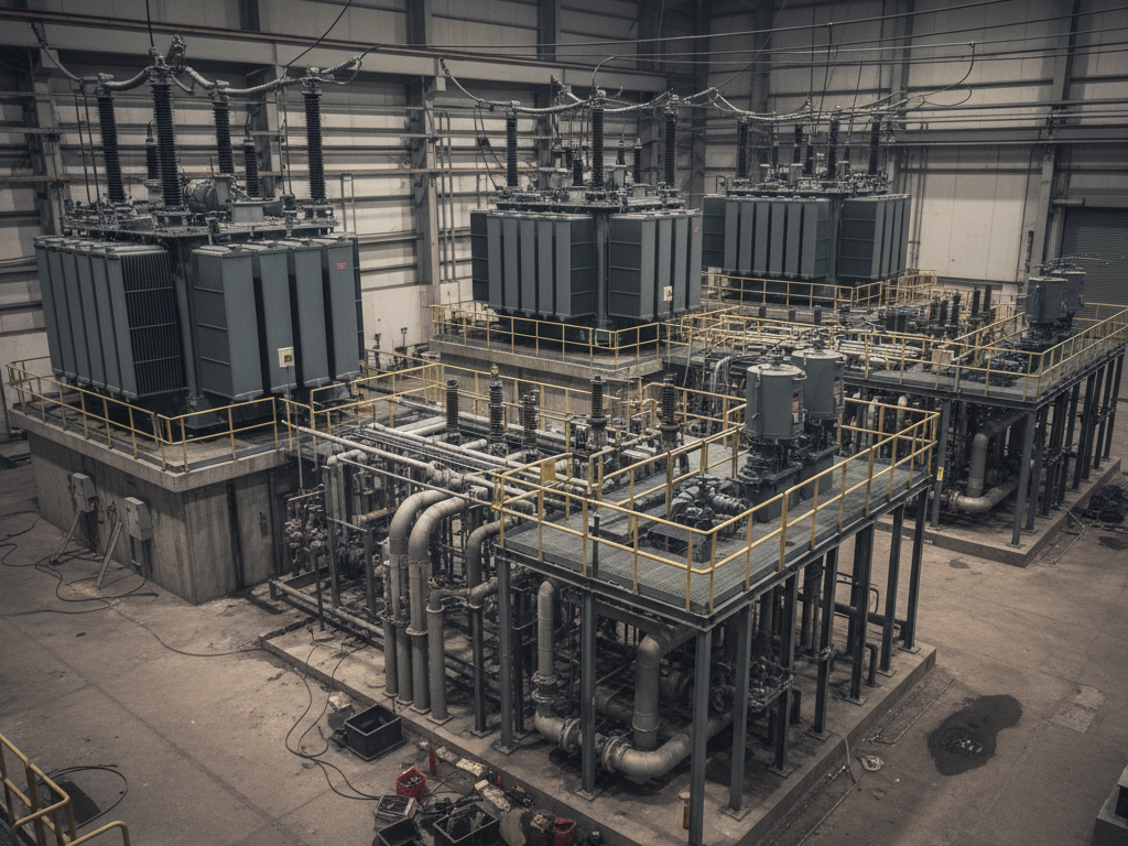 Industrial electrical substation inside a factory with large transformers, metal piping, and yellow safety catwalks seen from an elevated angle.