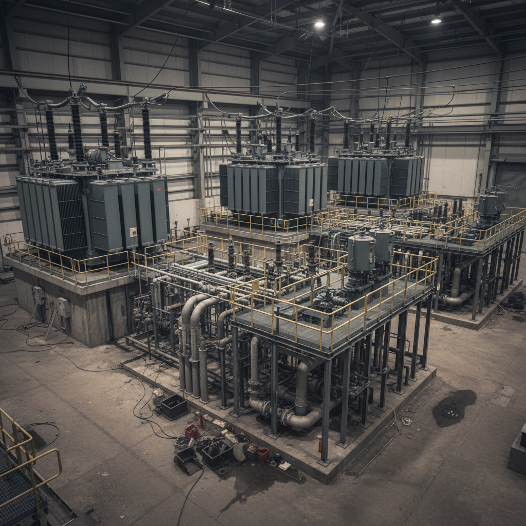 Industrial electrical substation inside a factory with large transformers, metal piping, and yellow safety catwalks seen from an elevated angle.