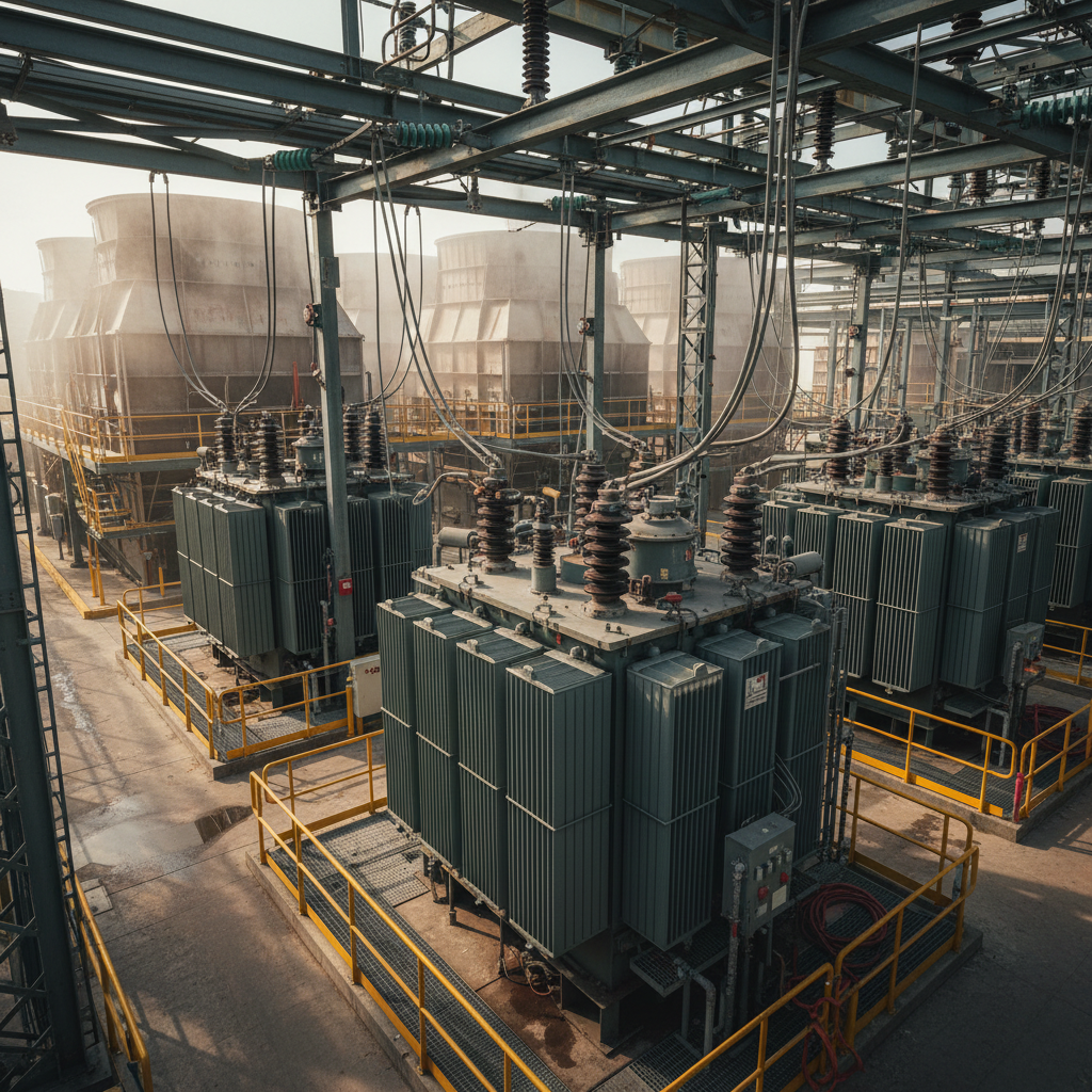 Industrial electrical substation with large transformers, overhead cables, and yellow safety railings outside the facility.