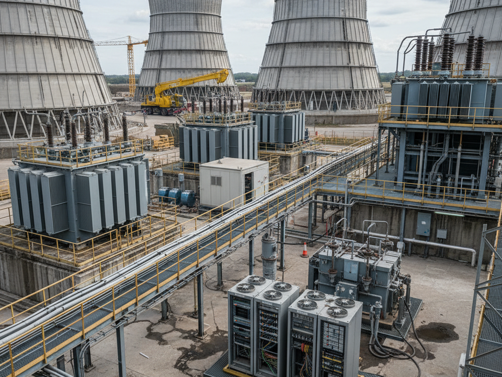 Industrial power plant site with large cooling towers and electrical switchgear.