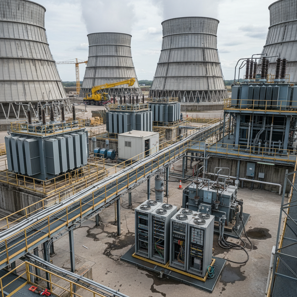 Industrial power plant site with large cooling towers and electrical switchgear.
