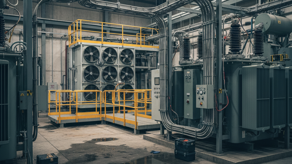 Industrial control room with large electrical transformers, cooling fans, and yellow safety railings around a platform]} {