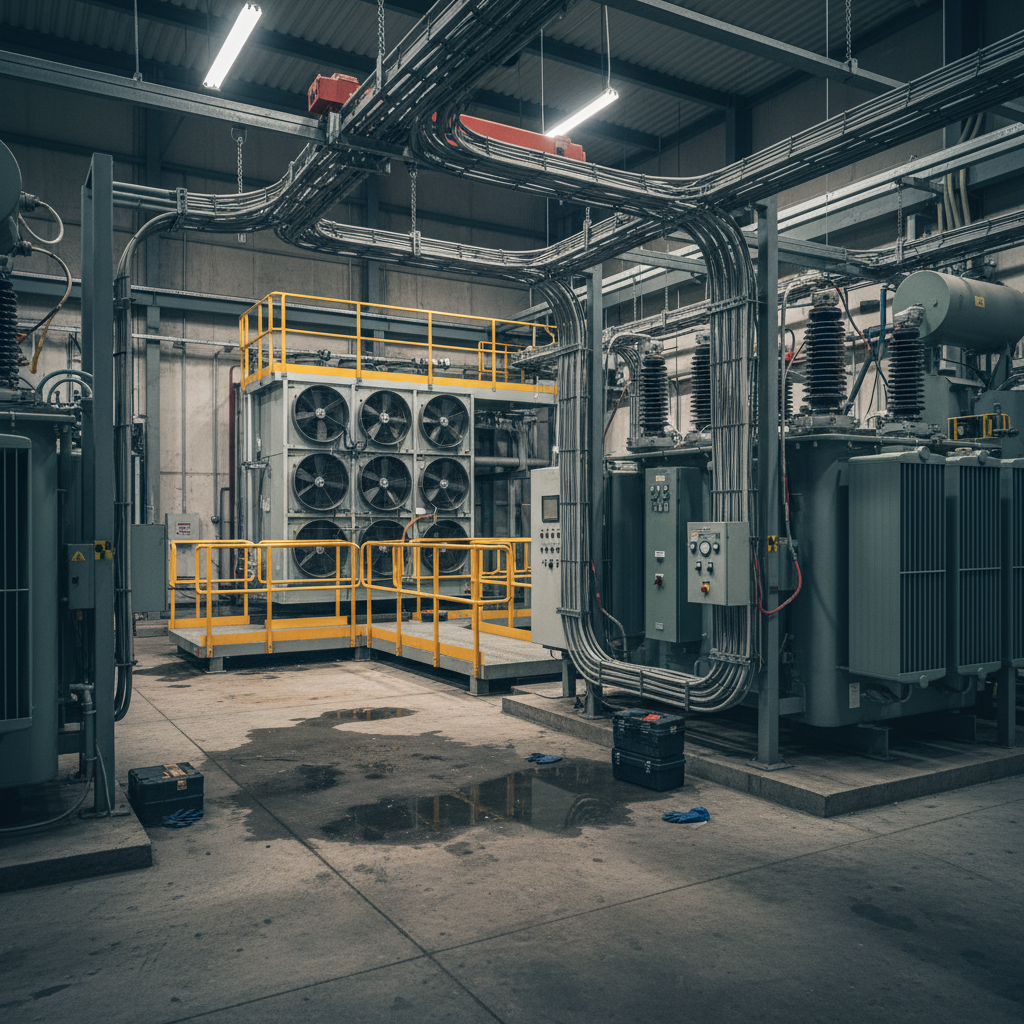 Industrial control room with large electrical transformers, cooling fans, and yellow safety railings around a platform]} {