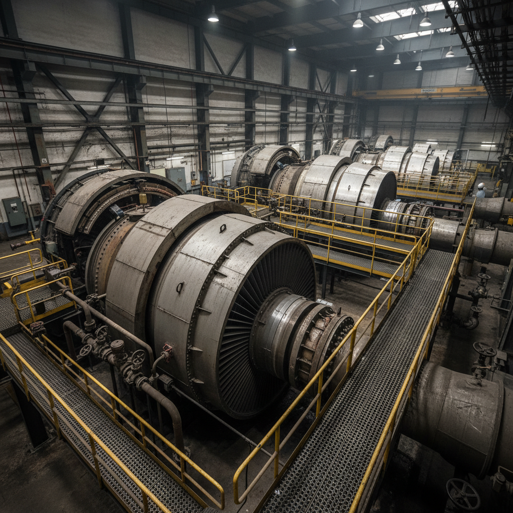 Industrial turbine generators in a factory with yellow safety rails and metal walkways, overhead lights illuminating the large machines.