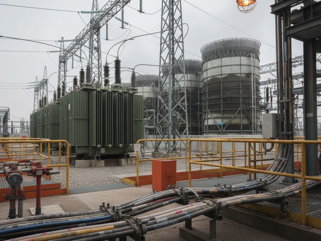 Industrial electrical substation with large transformers, metal structures, and overhead power lines; safety yellow rails in foreground.