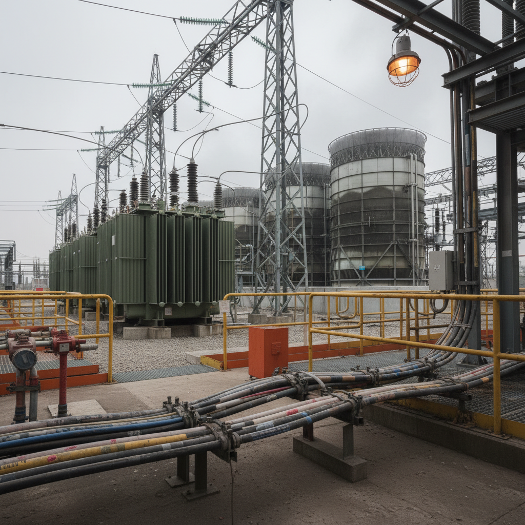 Industrial electrical substation with large transformers, metal structures, and overhead power lines; safety yellow rails in foreground.