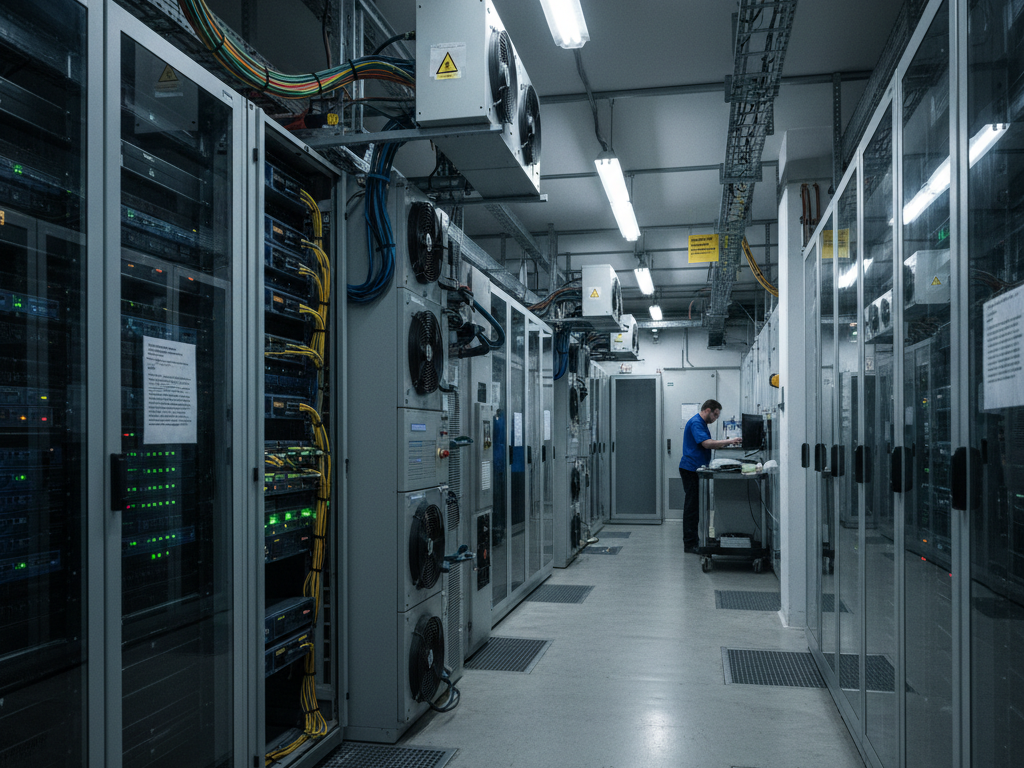 A data center aisle with server racks on both sides; a technician in blue works at a rolling cart.