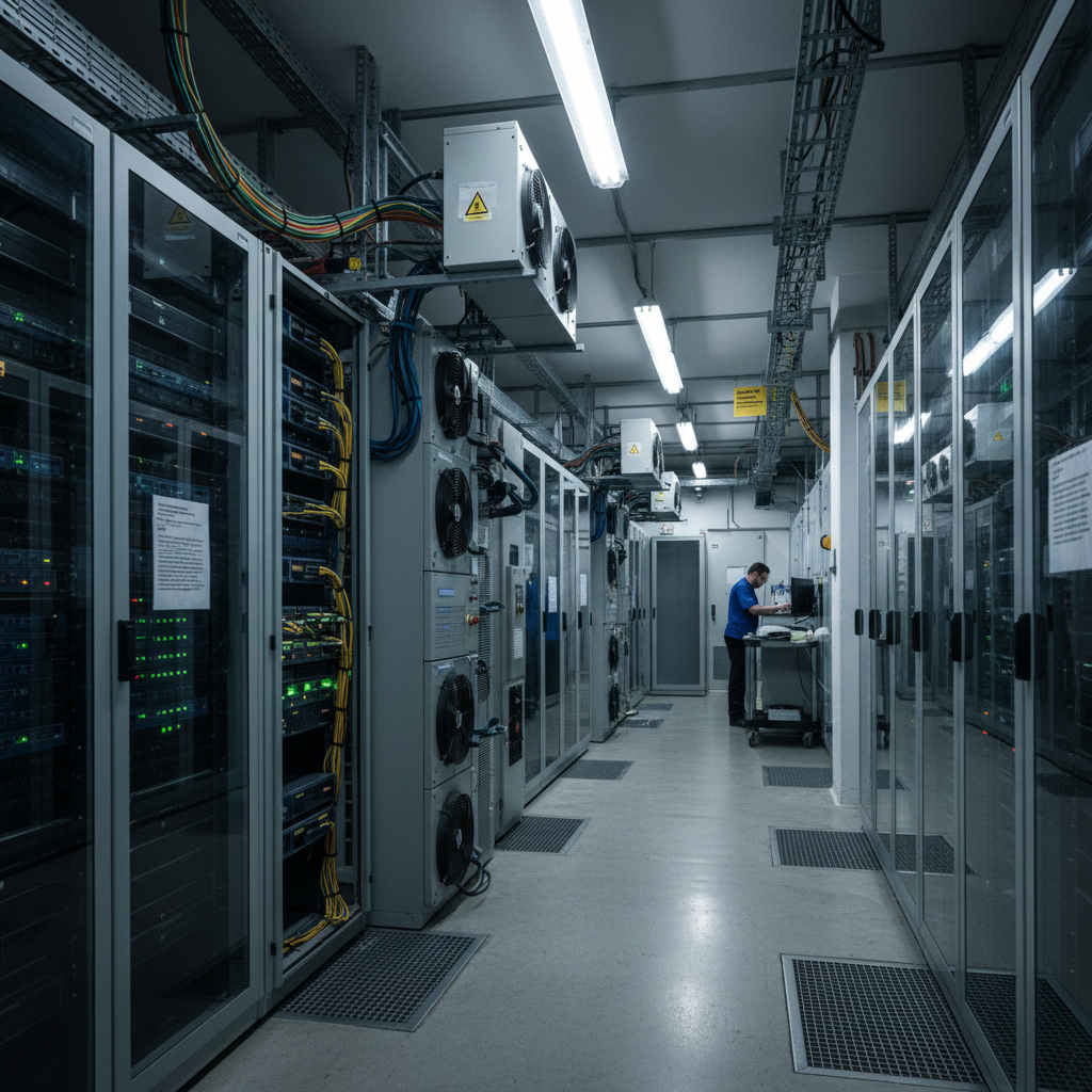 A data center aisle with server racks on both sides; a technician in blue works at a rolling cart.