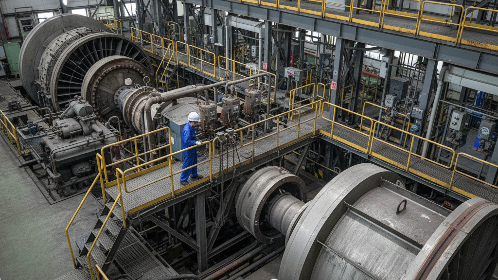 Industrial power plant interior with a large turbine and workers in blue coveralls performing maintenance on heavy equipment on multiple levels with yellow railings.