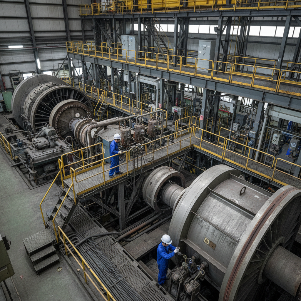 Industrial power plant interior with a large turbine and workers in blue coveralls performing maintenance on heavy equipment on multiple levels with yellow railings.