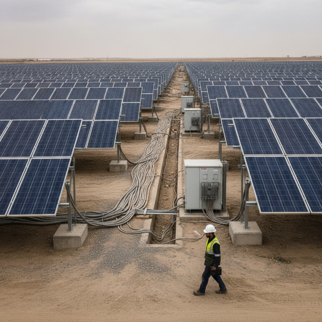 Worker in hard hat and safety vest walks between rows of blue solar panels in a desert solar farm, with electrical gear nearby.