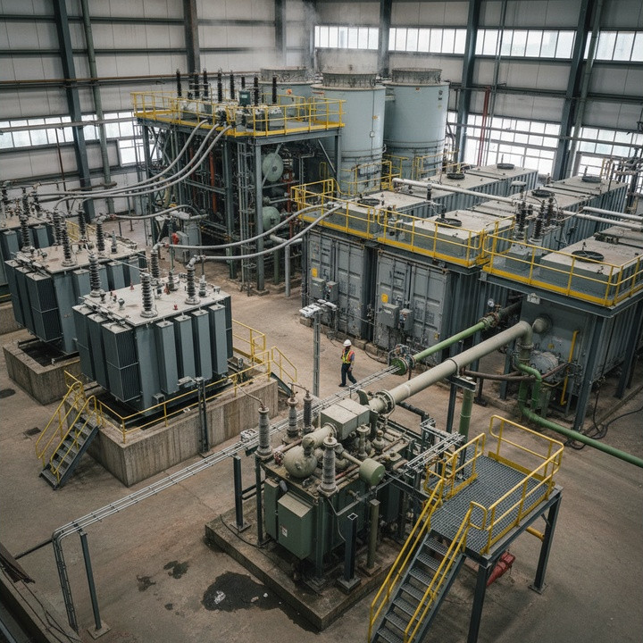 Industrial power facility interior with large transformers, piping, and yellow railings; a worker in a safety vest stands nearby for scale.