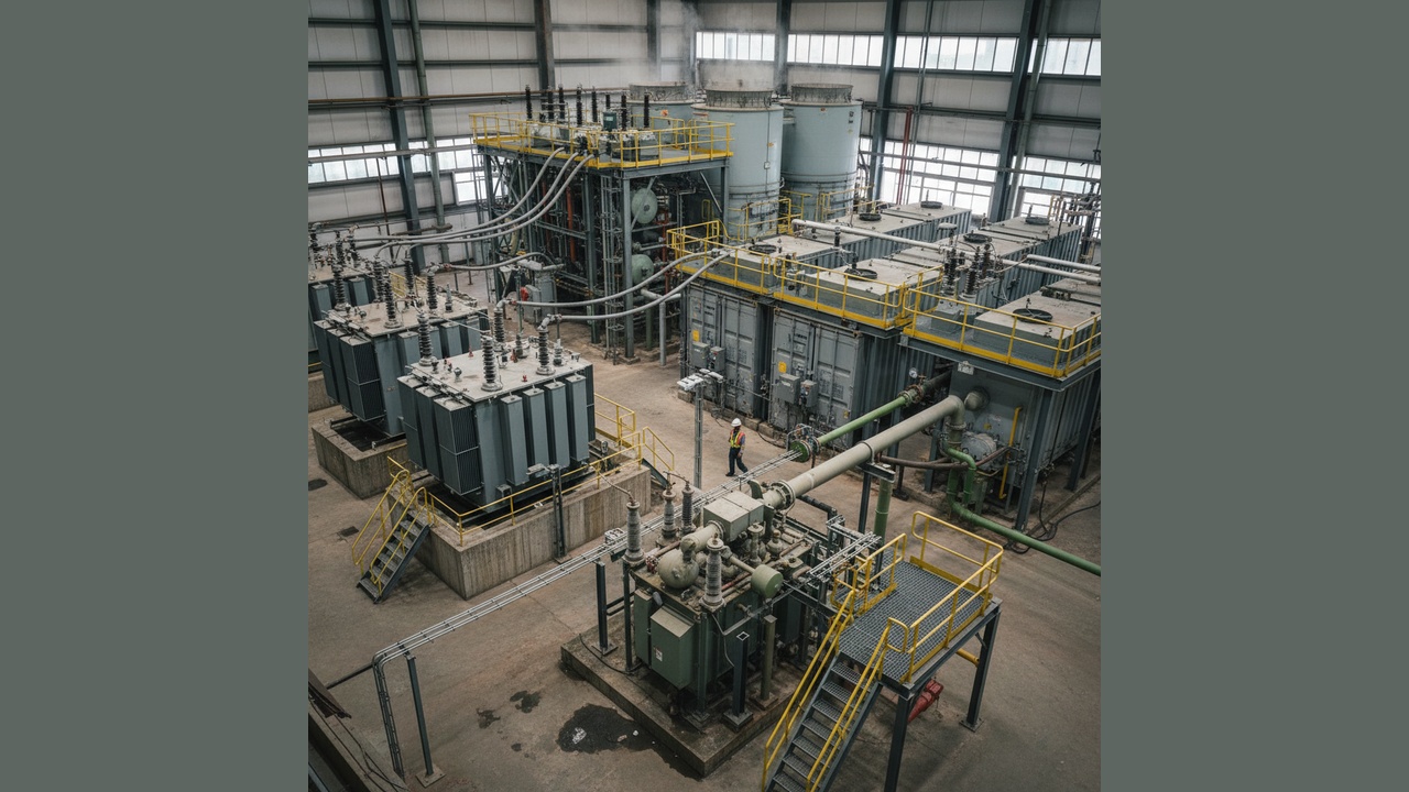 Industrial power facility interior with large transformers, piping, and yellow railings; a worker in a safety vest stands nearby for scale.