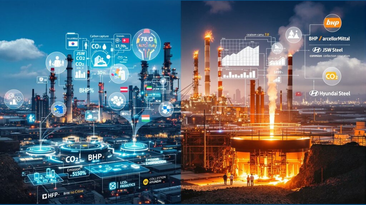 Industrial refinery with glowing holographic data overlays showing CO2, BHP and analytics.