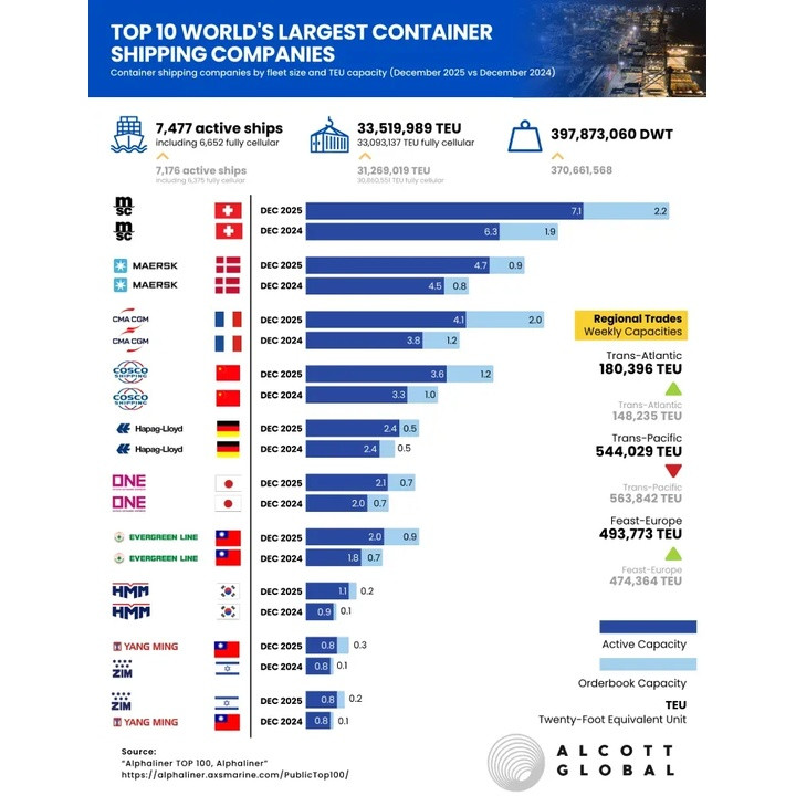 Infographic showing the top 10 container shipping companies with logos, country flags, and horizontal capacity bars.