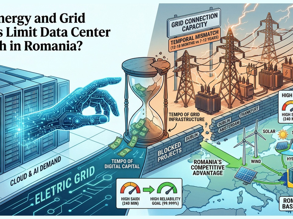 Infographic of Romania's energy grid: cloud data demand on the left, digital grid lines, an hourglass, and renewable and baseload sources on the right with a reliability goal box.