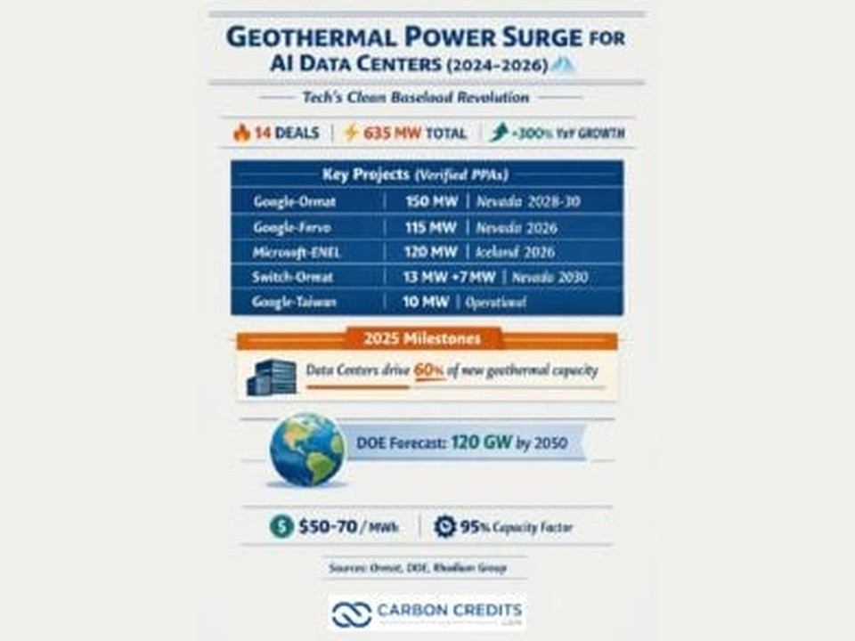 Infographic titled 'Geothermal Power Surge for AI Data Centers (2024–2026)' showing milestones, key projects, and a globe image.