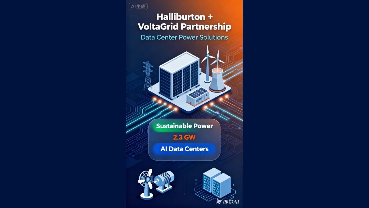 Promotional poster for Halliburton and VoltaGrid partnership highlighting sustainable AI data centers with a 2.3 GW capacity.