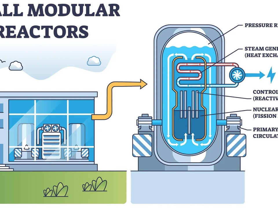 Diagram of a small modular reactor system: a building connected to a labeled cross-section of the reactor with core, control rods, and pumps (informational)