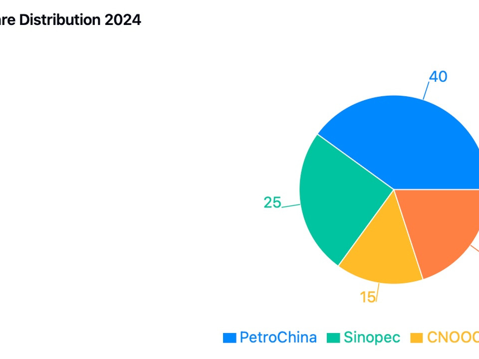Pie chart of 2024 market shares: PetroChina 40%, Sinopec 25%, CNOOC 15%, Others 20%.