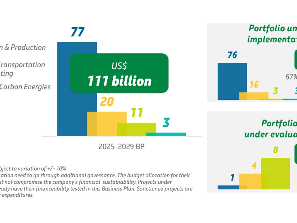Infographic: budget by category with a large central green US$111 billion label and stacked bars (2025–2029 BP) in blue, yellow, green, and teal colors.