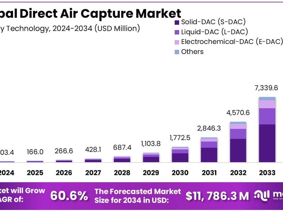 Stacked bar chart titled Global Direct Air Capture Market Size, 2024-2034, by technology. Shows rising USD millions per year: 2024 103.4, 2025 166.0, 2026 266.6, 2027 428.1, 2028 687.4, 2029 1,103.8, 2030 1,772.5, 2031 2,846.3, 2032 4,570.6, 2033 7,339.6, 2034 11,786.3; legend lists Solid-DAC, Liquid-DAC, Electrochemical-DAC, Others; purpose is to show projected market growth by technology over time.