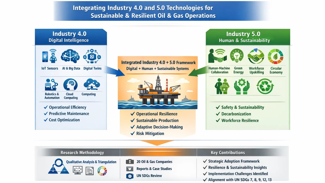 Infographic showing integration of Industry 4.0 and 5.0 for sustainable oil and gas operations, with Digital Intelligence on the left, Human & Sustainability on the right, and an offshore platform in the center.