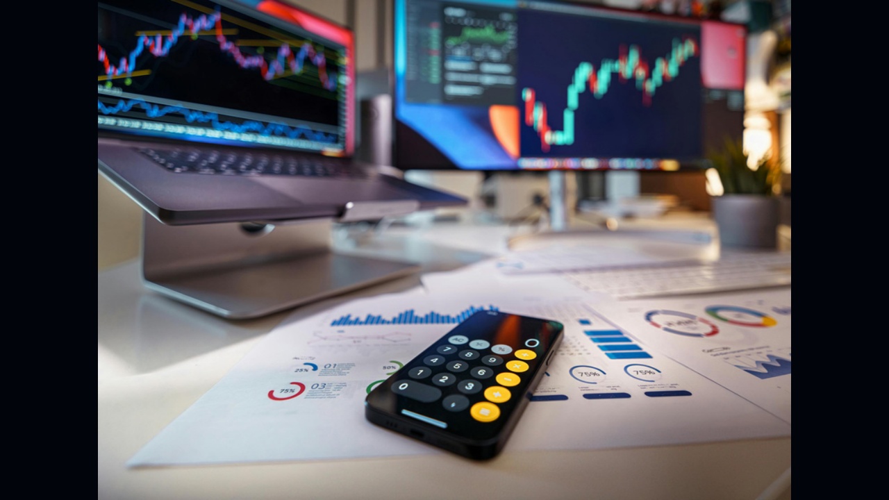 Stock trading setup: calculator on financial reports with two monitors displaying charts and graphs on the desk
