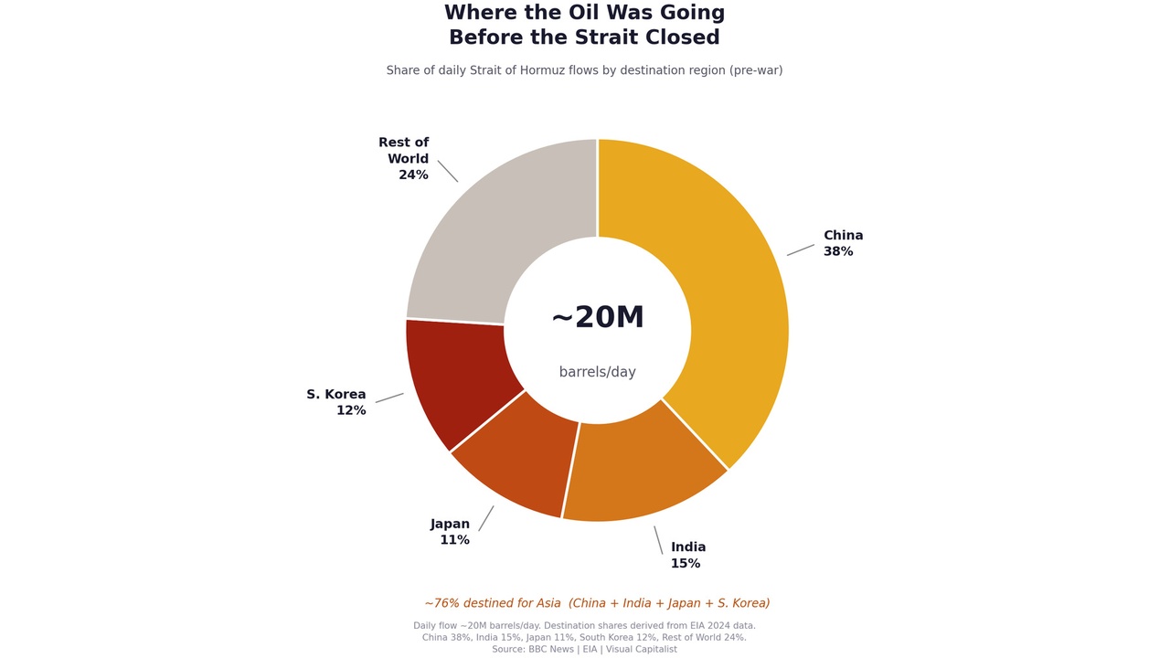 Infographic showing oil flow by destination: China 38%, Rest of World 24%, S. Korea 12%, Japan 11%, India 15%; total ~20M barrels/day before the Strait closure.
