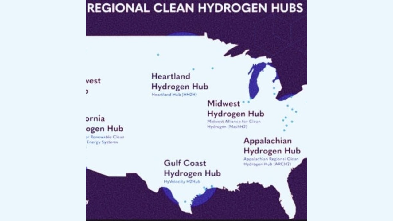 Map of the United States highlighting Regional Clean Hydrogen Hubs: Heartland, Midwest, Appalachian, and Gulf Coast sites
