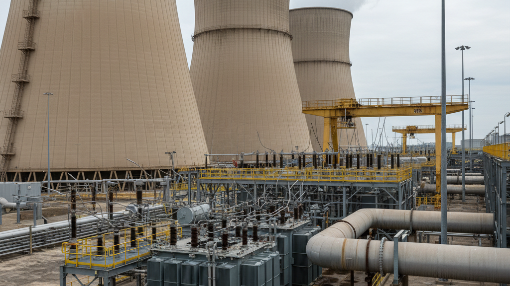Industrial cooling plant with large cooling towers and piping infrastructure; yellow walkways and equipment in foreground.