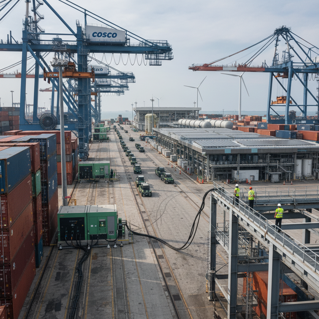 Shipping port scene with tall blue gantry cranes, stacked containers, and green forklifts along a paved yard