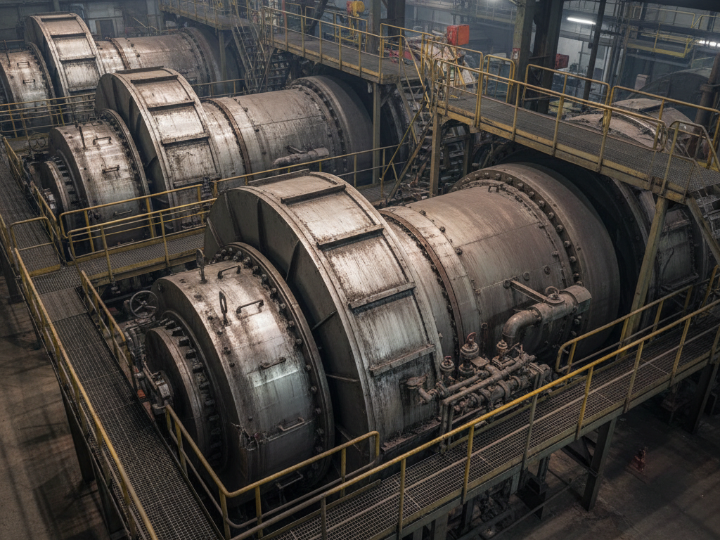 Large industrial rolling mill with thick metal rollers and a yellow safety catwalk, in a dimly lit factory setting.