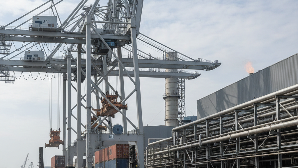Port with tall container cranes over stacked shipping containers and forklifts on a concrete yard.