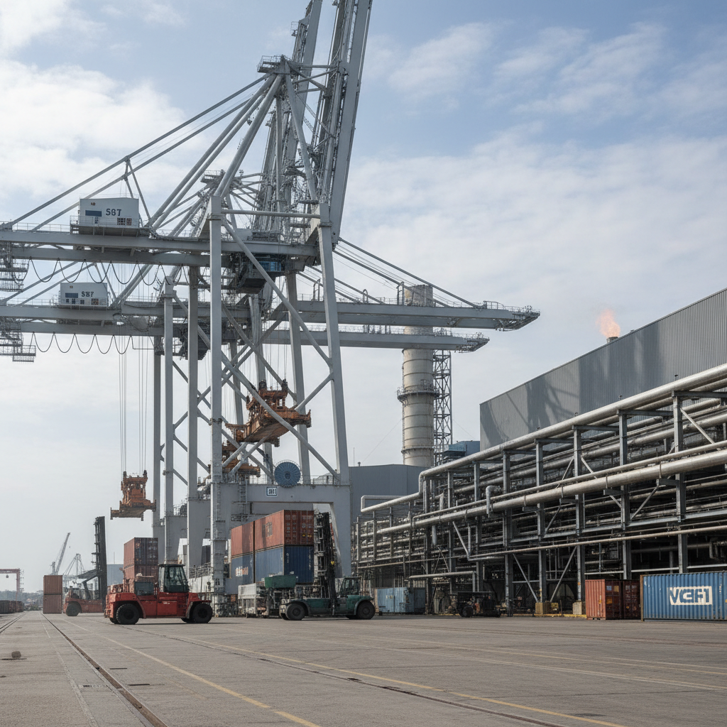 Port with tall container cranes over stacked shipping containers and forklifts on a concrete yard.